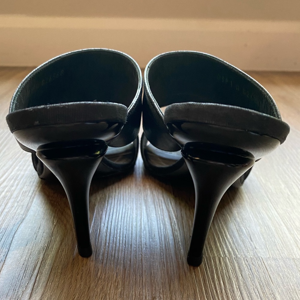 CHANEL Paris CC Black Leather Ribbon Bow Mules Heels Shoes 37.5 - Picture 5 of 12